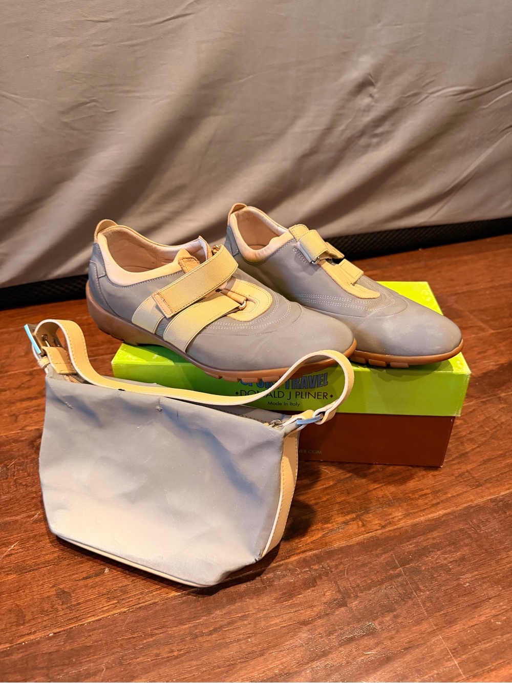 Donald J. Pliner Light Gray and Beige Leather Slip-On Sneakers